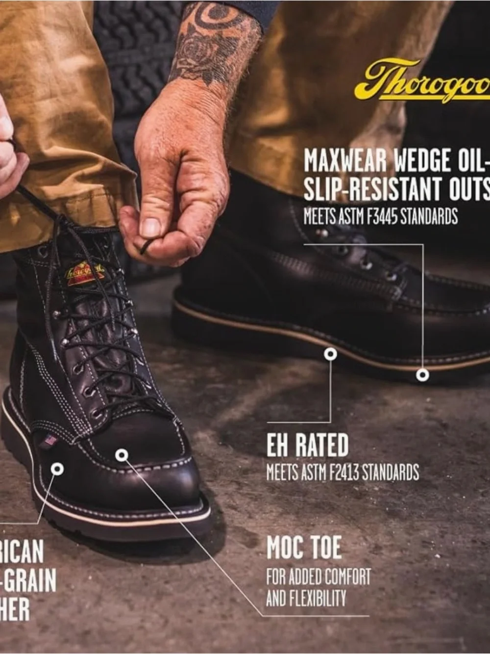 Thorogood American-Made Black Work Boots with Moc Toe and Durable Outsole